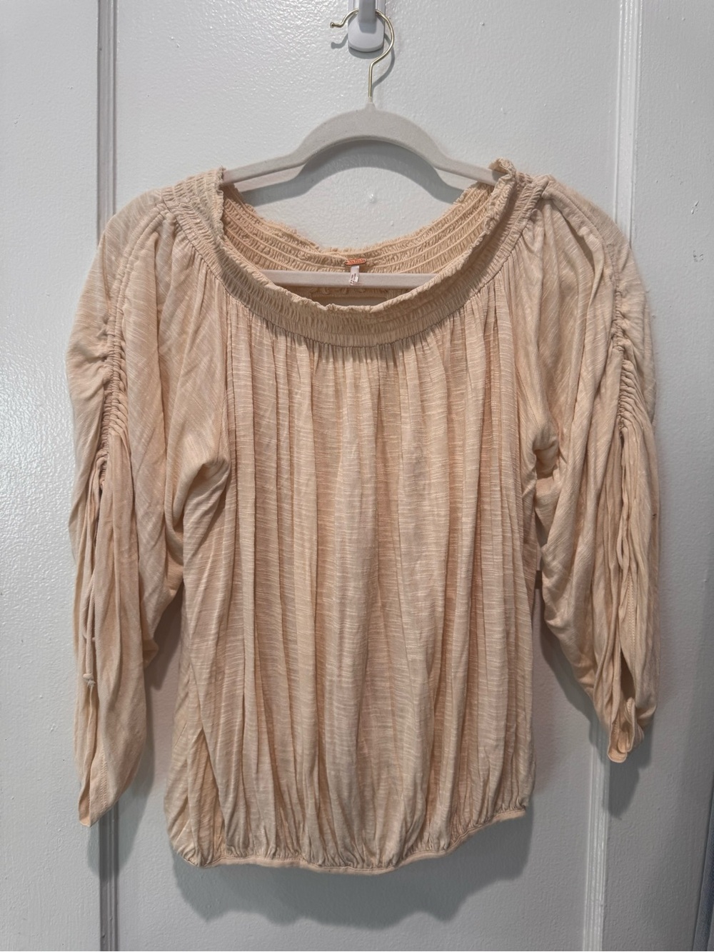 Free People Peach Off-Shoulder Ruched Sleeve Blouse